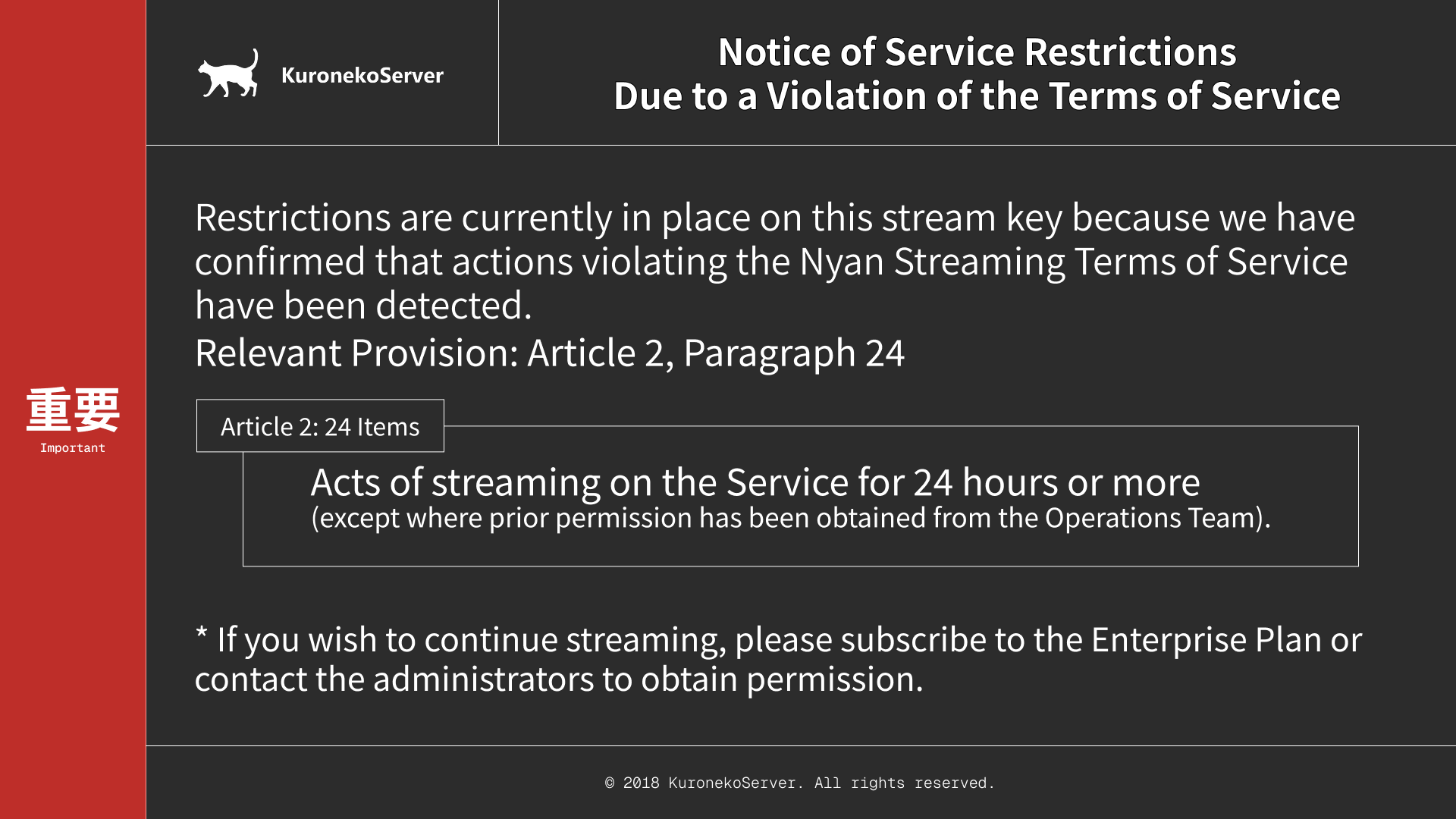 Restriction screen for more than 24 hours of continuous streaming