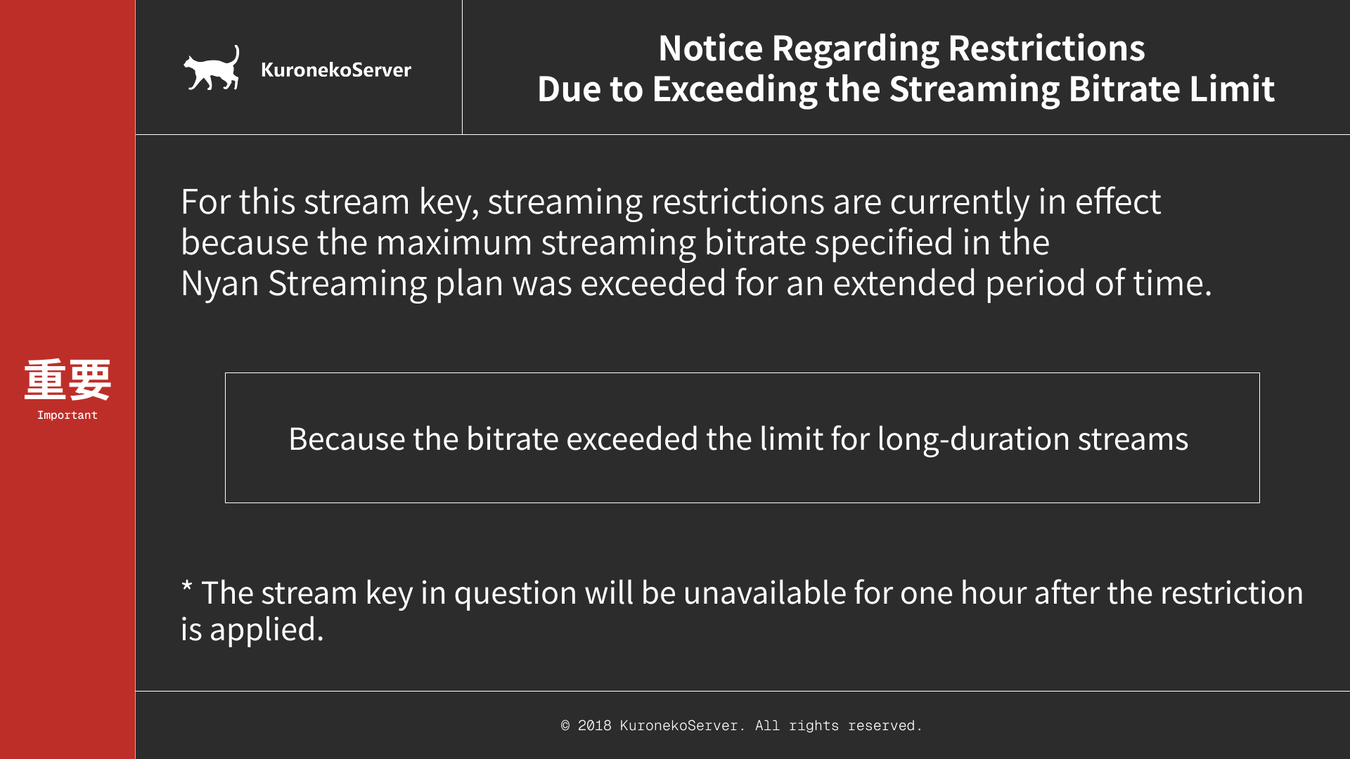 Restriction screen for exceeding the input bitrate limit
