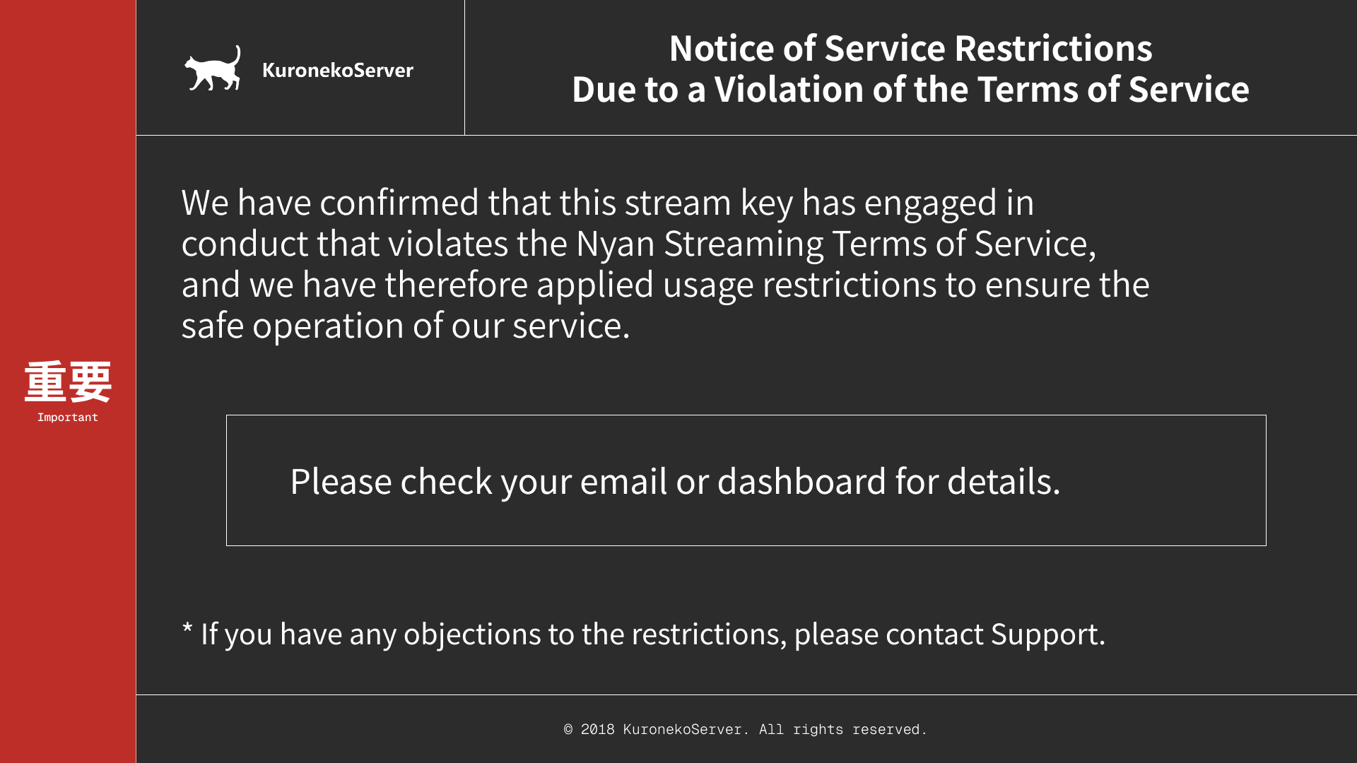 Restriction screen for a terms-of-service violation